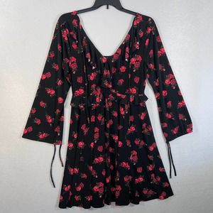 Torrid Dress Womens 0 Black Red Floral Ruffle V Neck Long Sleeve Casual